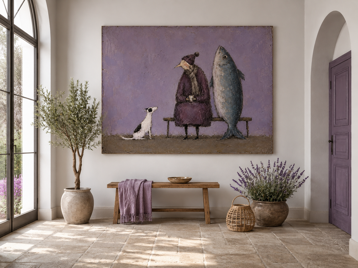 Surreal Modern Folklore Canvas Painting With Textured Finish And Retro Charm