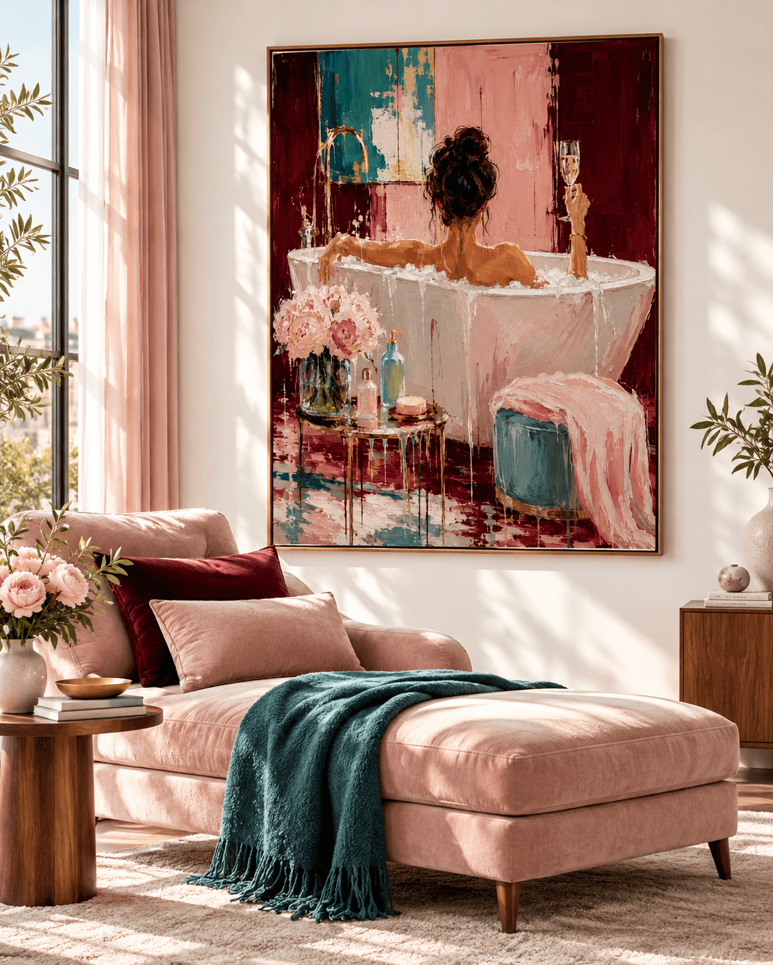 Morandi Pink Textured Oil Painting Elegant Woman Self Care Art Woman In Bathtub With Champagne