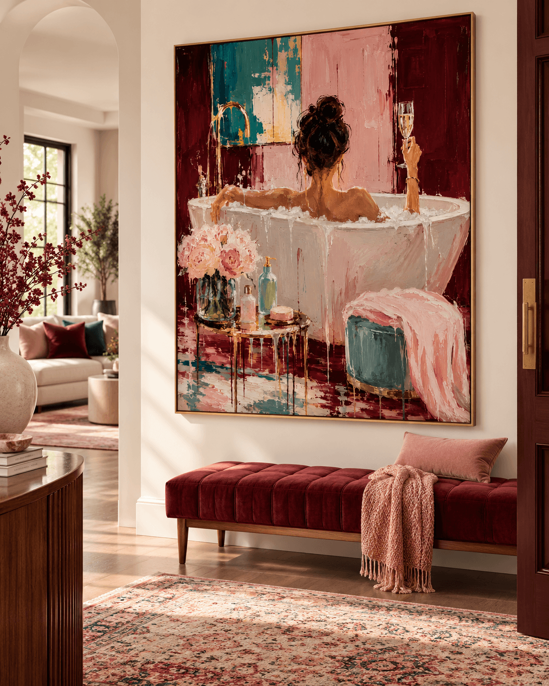 Morandi Pink Textured Oil Painting Elegant Woman Self Care Art Woman In Bathtub With Champagne