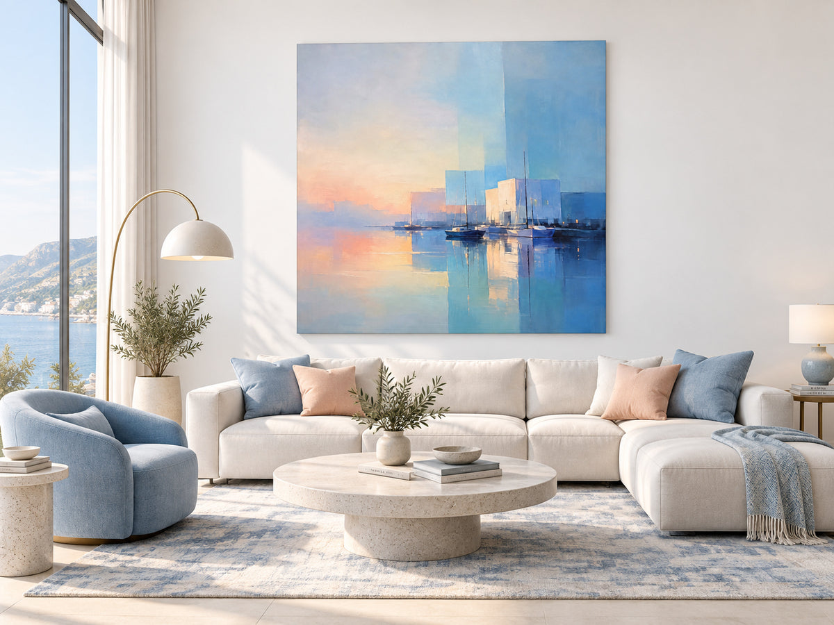 Minimalist Geometric Ocean Painting In Soft Colors For Modern Interiors