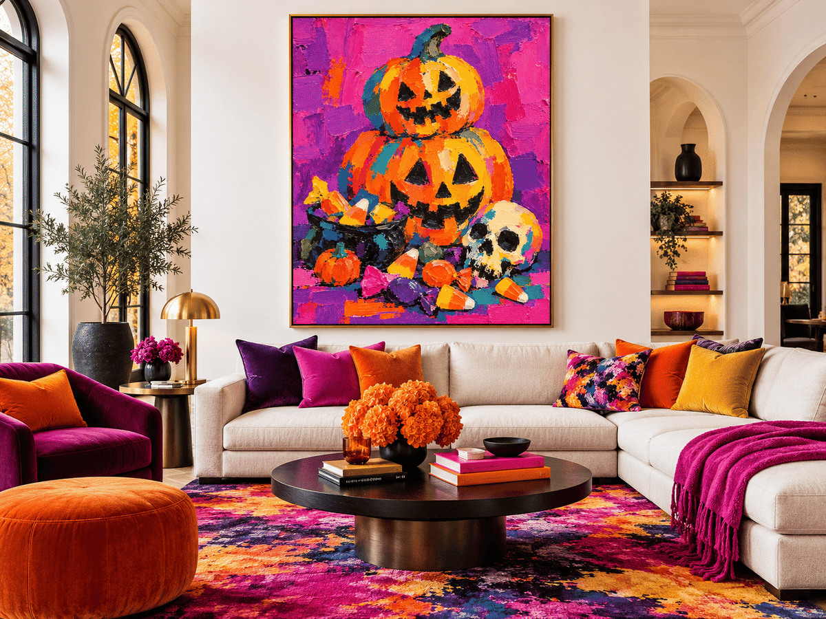 Hand-Painted Halloween Pumpkin And Skull Canvas Art With Candy