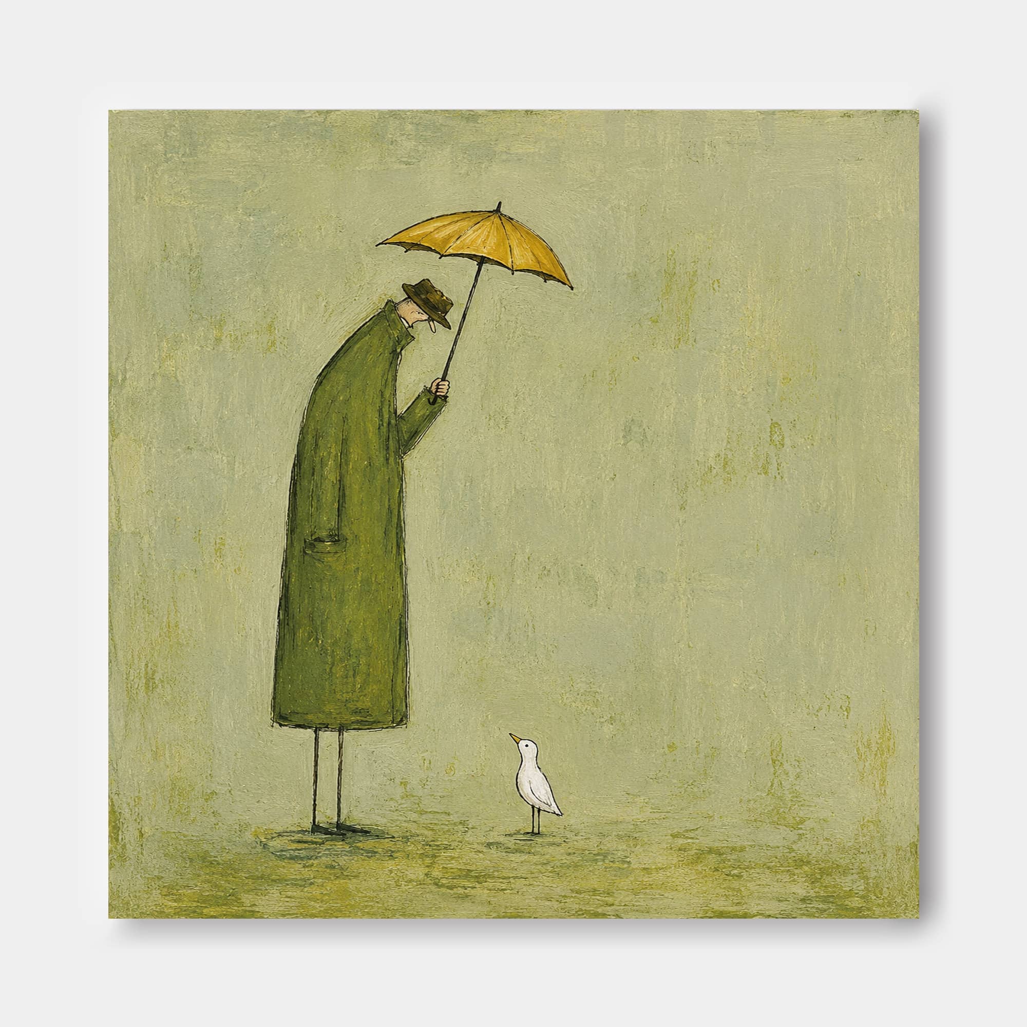 Naive Art Painting Of Man And Bird With Umbrella For Modern Wall Decor