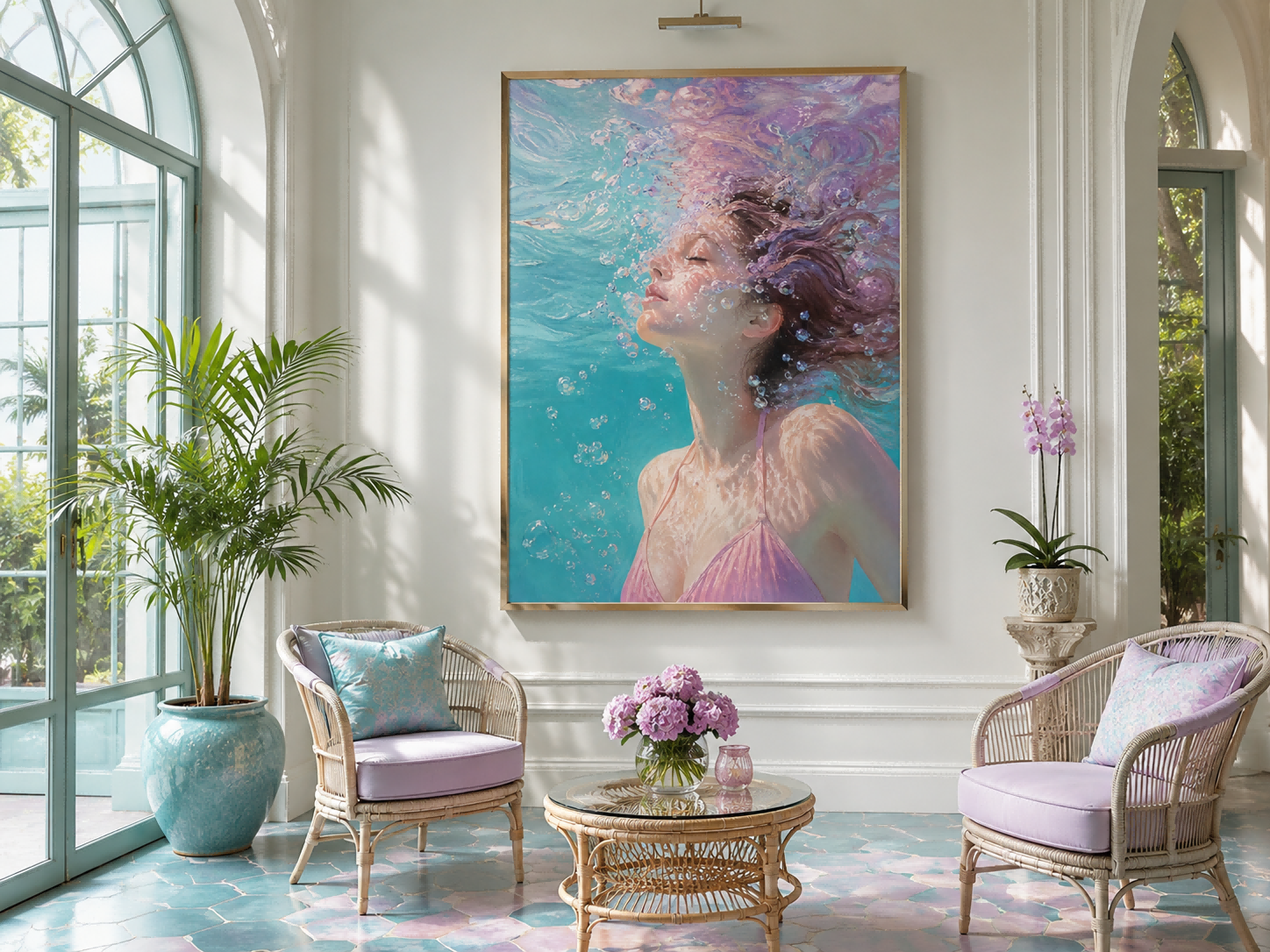 Modern Underwater Woman Painting With Bubbles And Soft Light For Home Decor