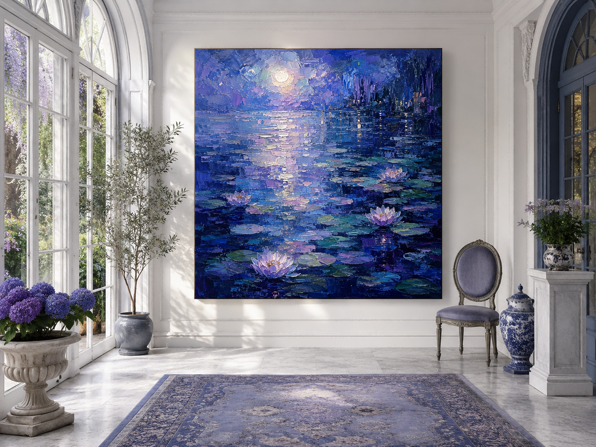 Impressionist Night Landscape Oil Painting With Heavy Texture And Moonlight
