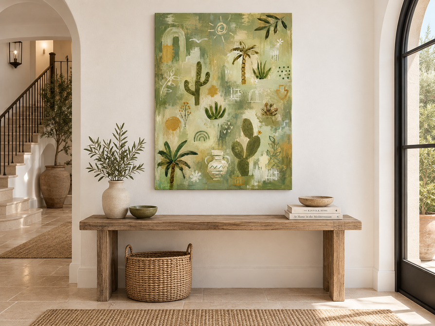 Modern Geometric Abstract Painting With Natural Motifs In Green