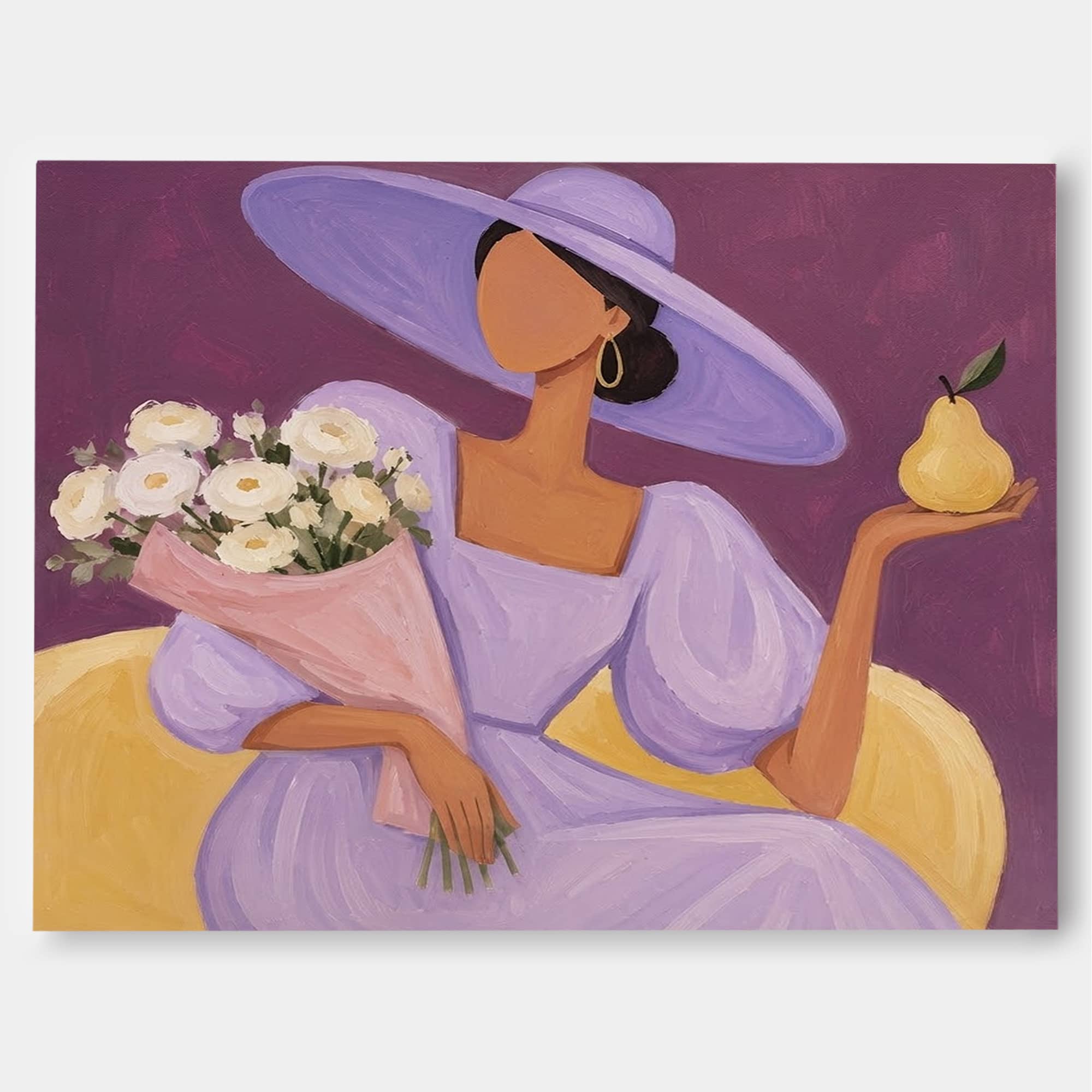 Abstract Female Figure With Yellow Pear And White Roses Modern Art Print Square Framed Canvas