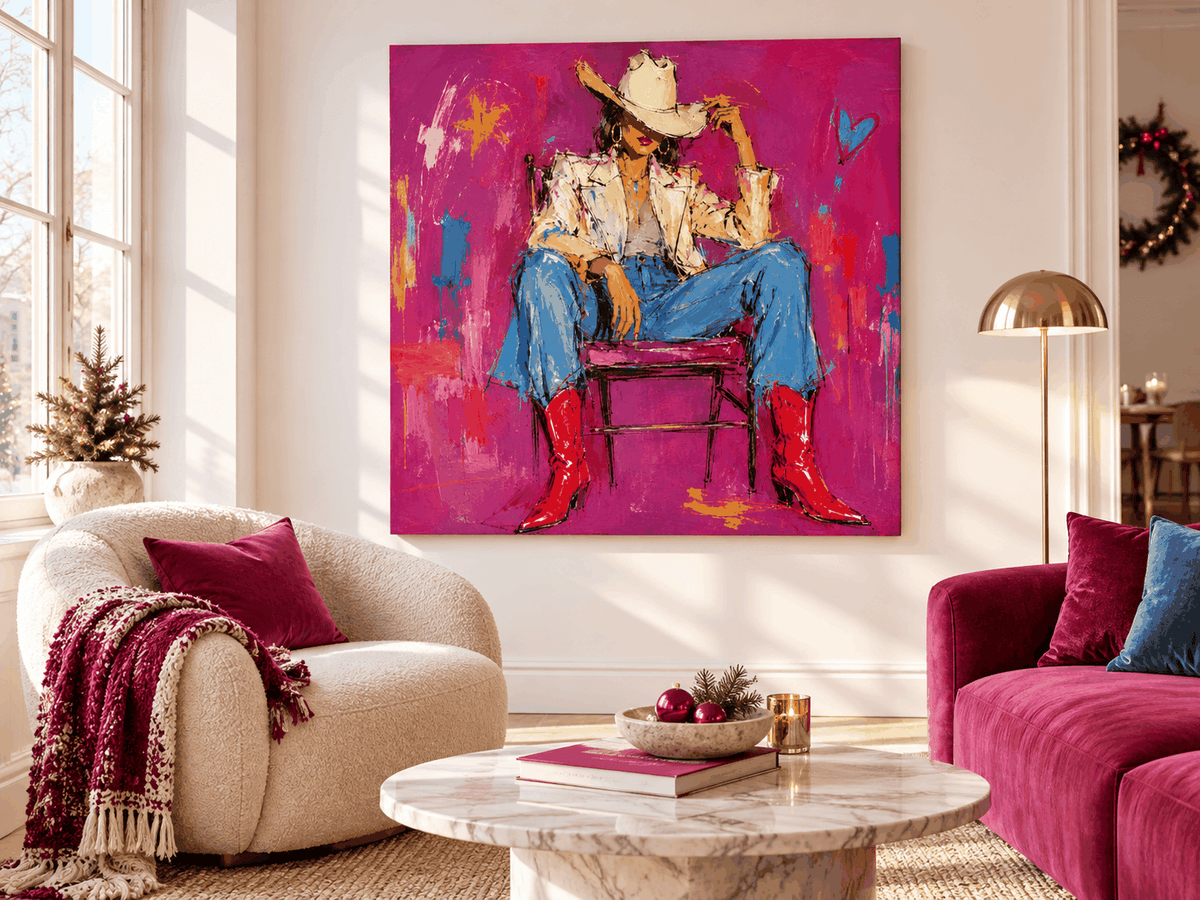 Vintage Pop Art Canvas Painting With Bright Magenta And Blue