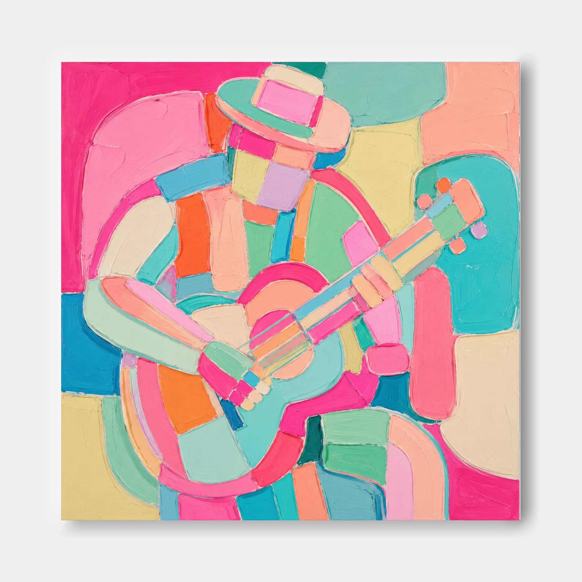 Vibrant Modern Musician Painting With Geometric Blocks For Living Room Decor