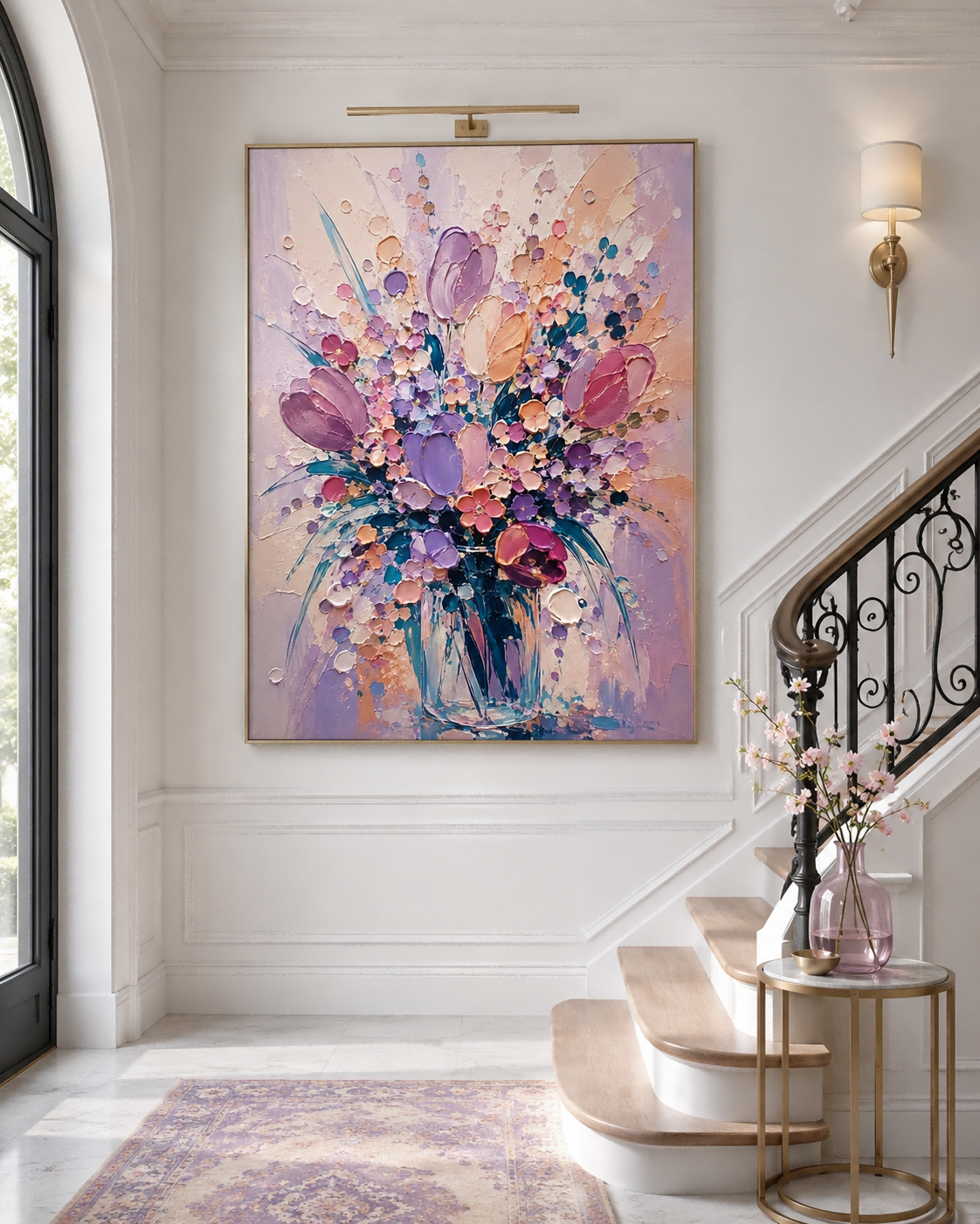 Abstract Tulip Flower Bouquet Hand-Painted Canvas Wall Art In Lavender And Pink