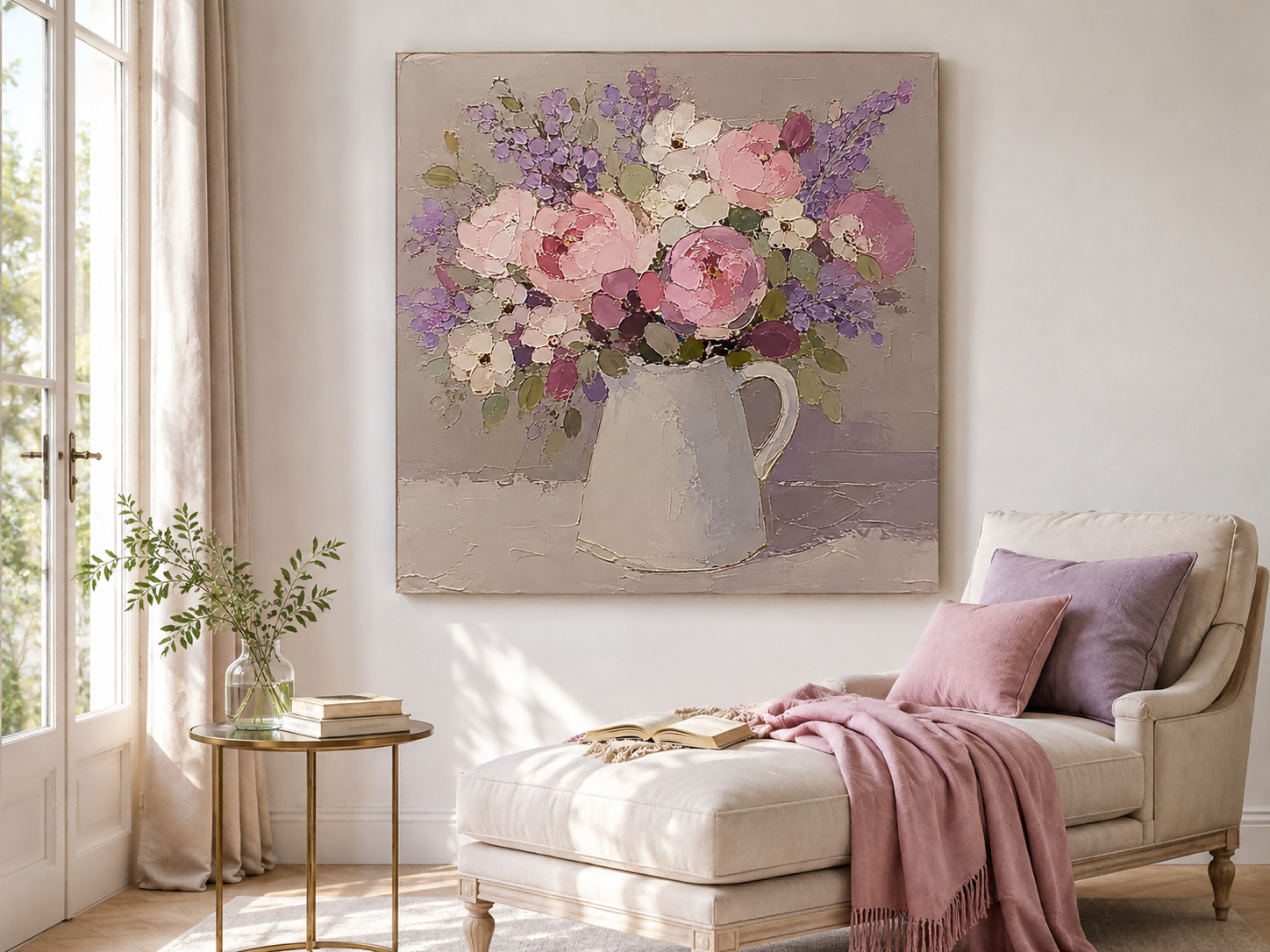 Abstract Impasto Floral Painting In Soft Pink Purple Tones Original Art
