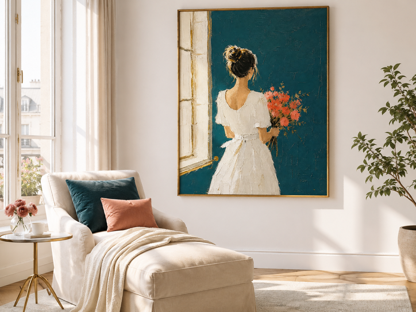 Elegant Minimalist Lady Painting With Flowers In White Dress For Modern Living Room Decor