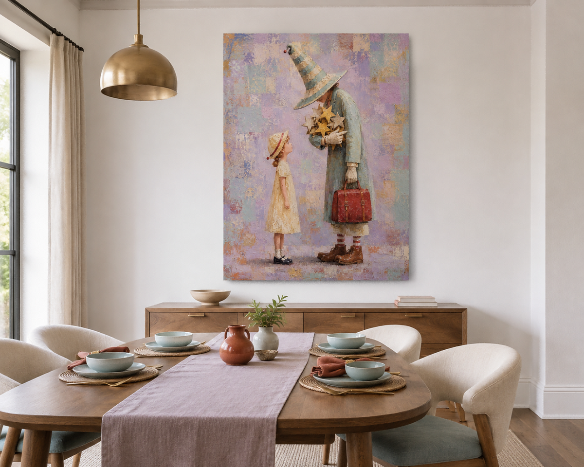 Wizard And Girl With Stars Hand-Painted Fantasy Canvas Art In Dreamy Purple