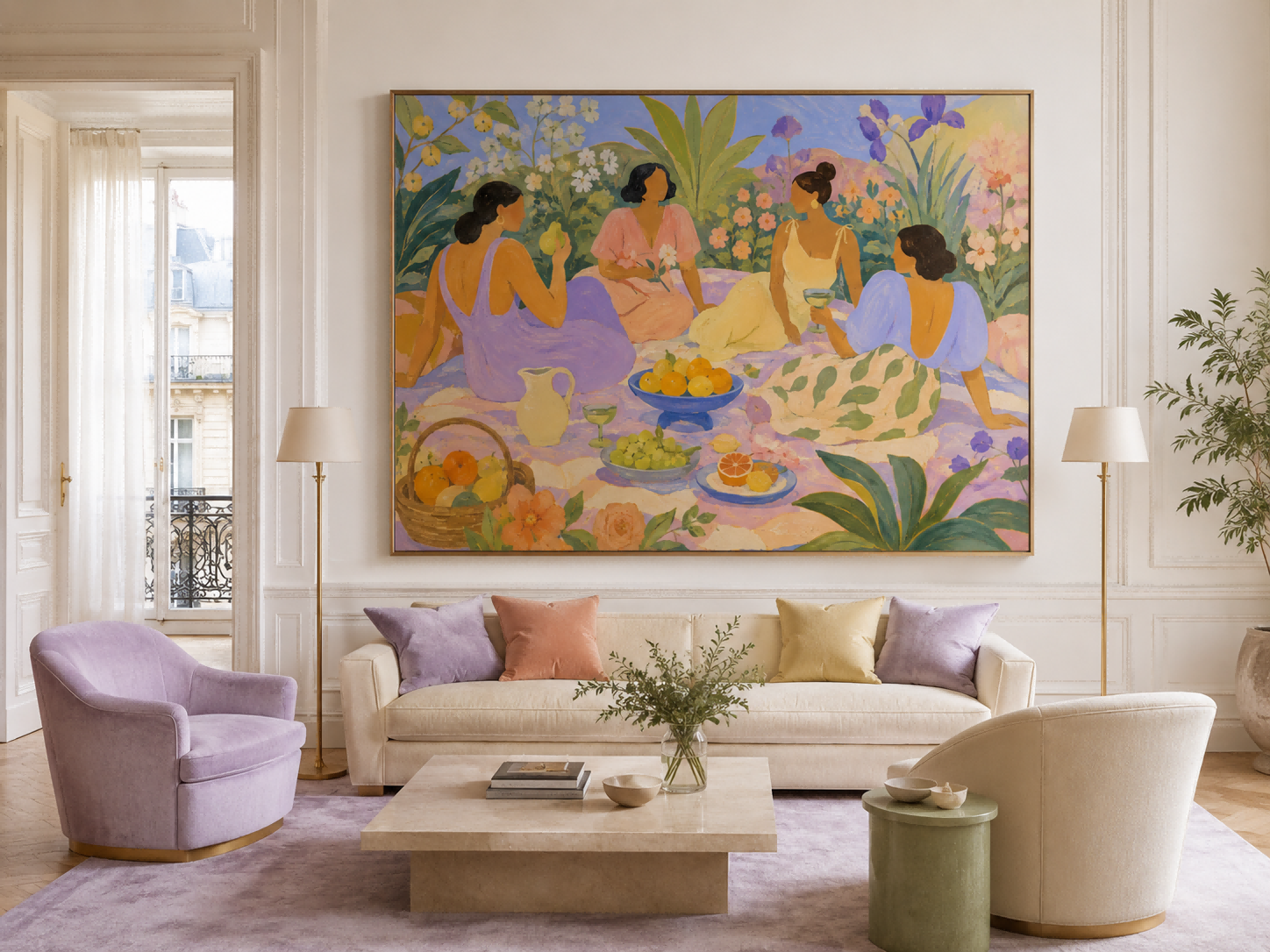 Women Picnic In Fantasy Garden Art Deco Canvas Painting With Fruit And Flowers