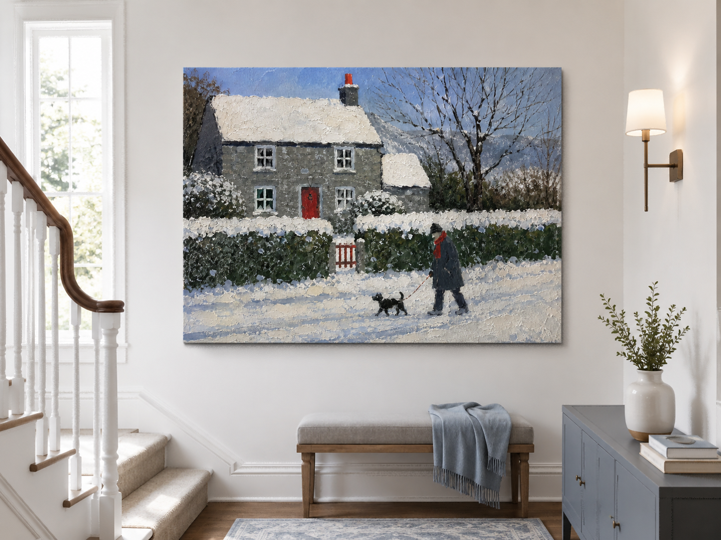 Traditional Realist Snowy Village Painting With Textured Brushwork On Canvas