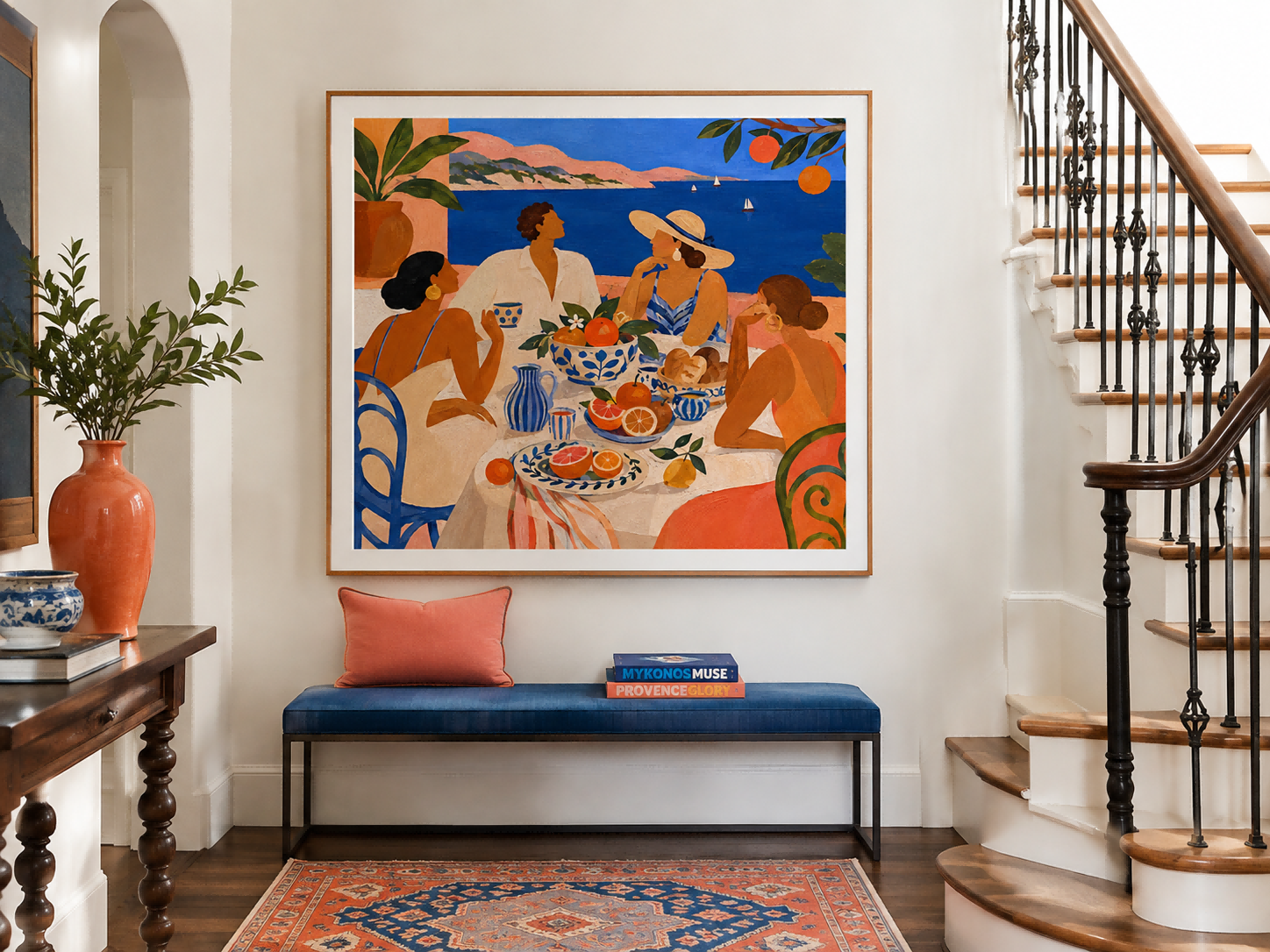 Art Deco Style Canvas Art Dreamy Mediterranean Leisure Scene Original
