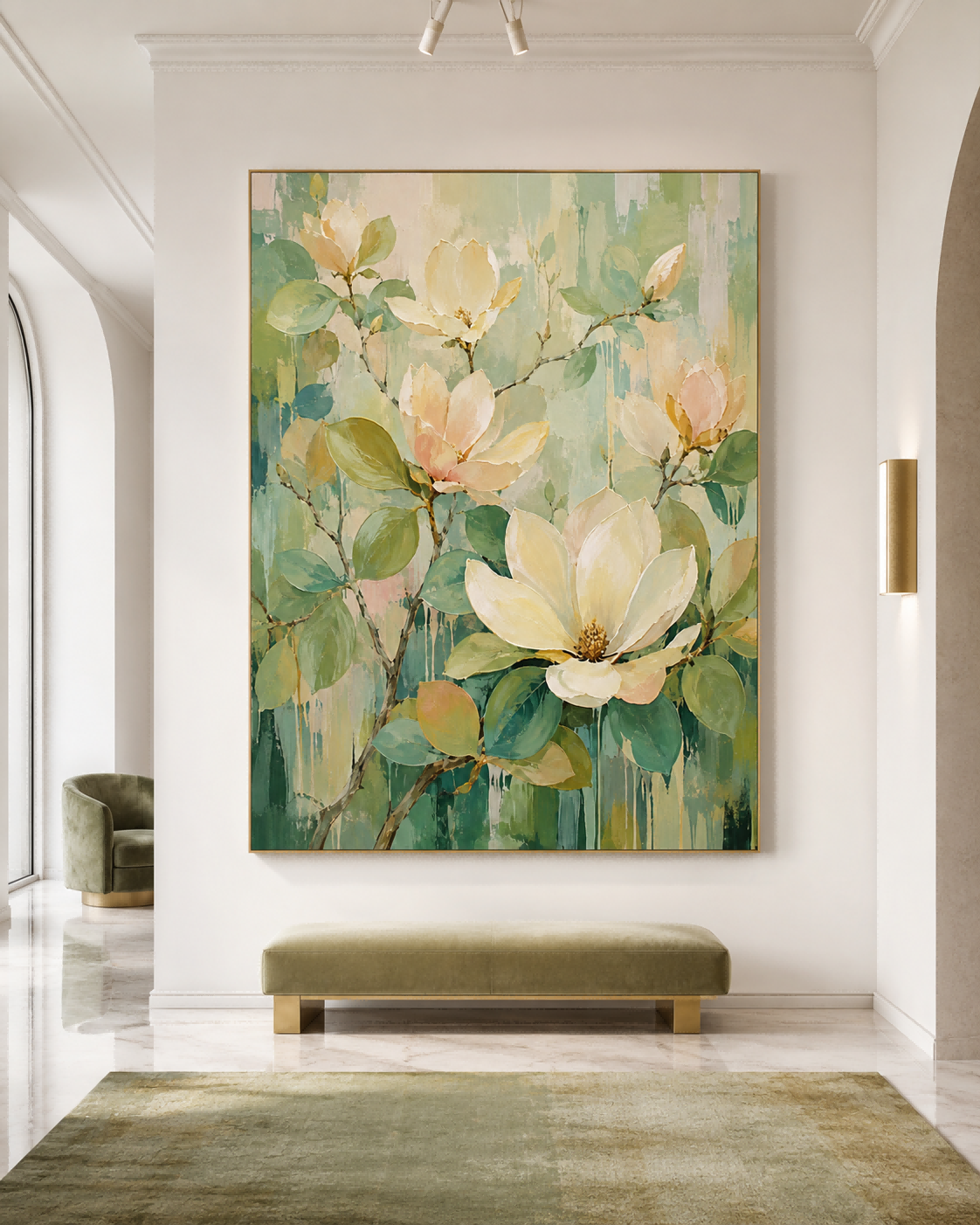 Hand-Painted Abstract Magnolia Floral Canvas Art In Cream And Green