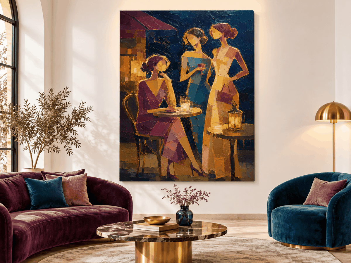 Vintage Women At Night Bar Hand-Painted Canvas Art In Blue And Gold