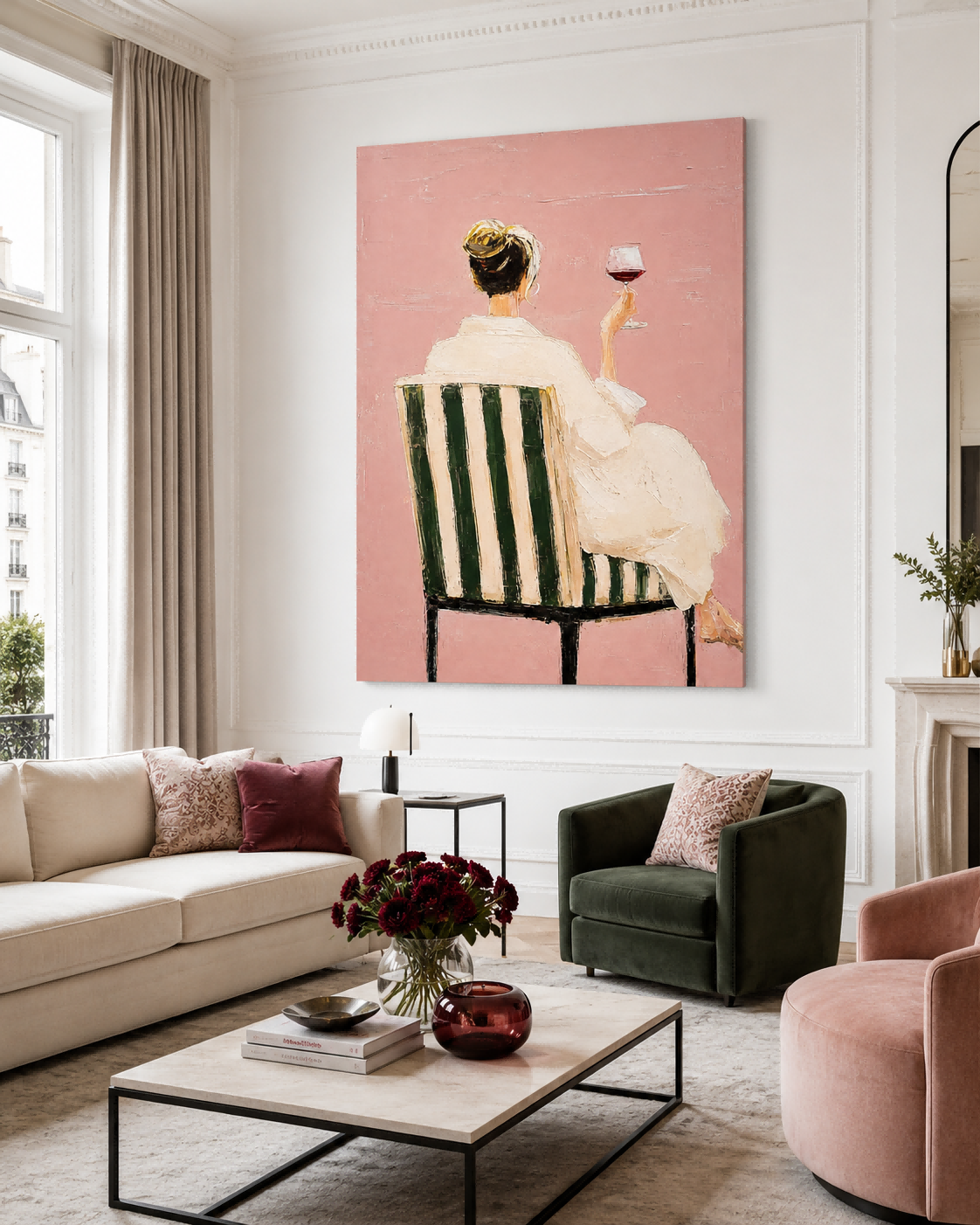 Modern Impressionist Canvas Painting Textured Pink And Green Abstract Figure Art For Sale