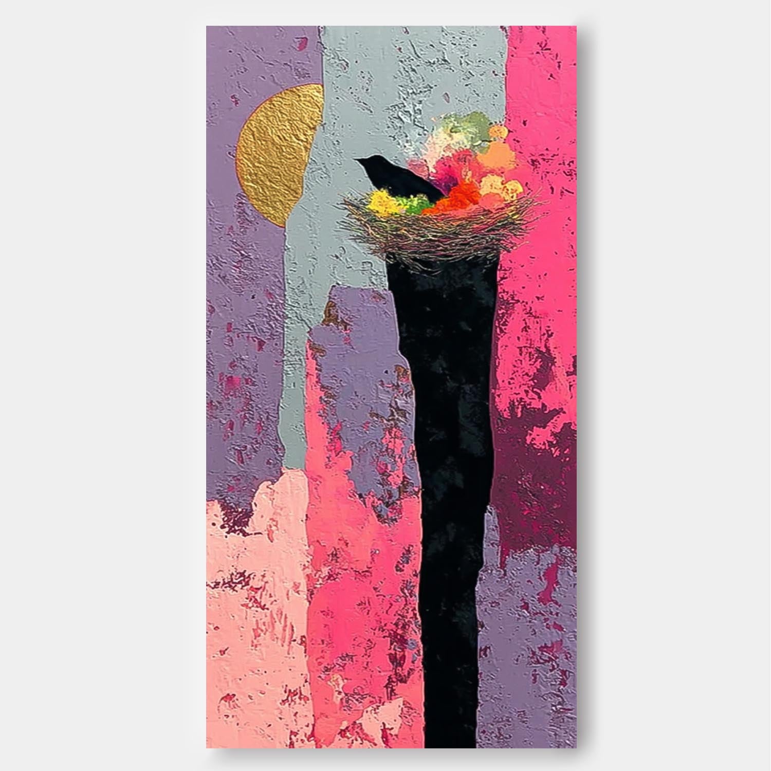 Large Abstract Bird's Nest And Contrasting Background Oil Painting Original Nature Wall Art Home Decor