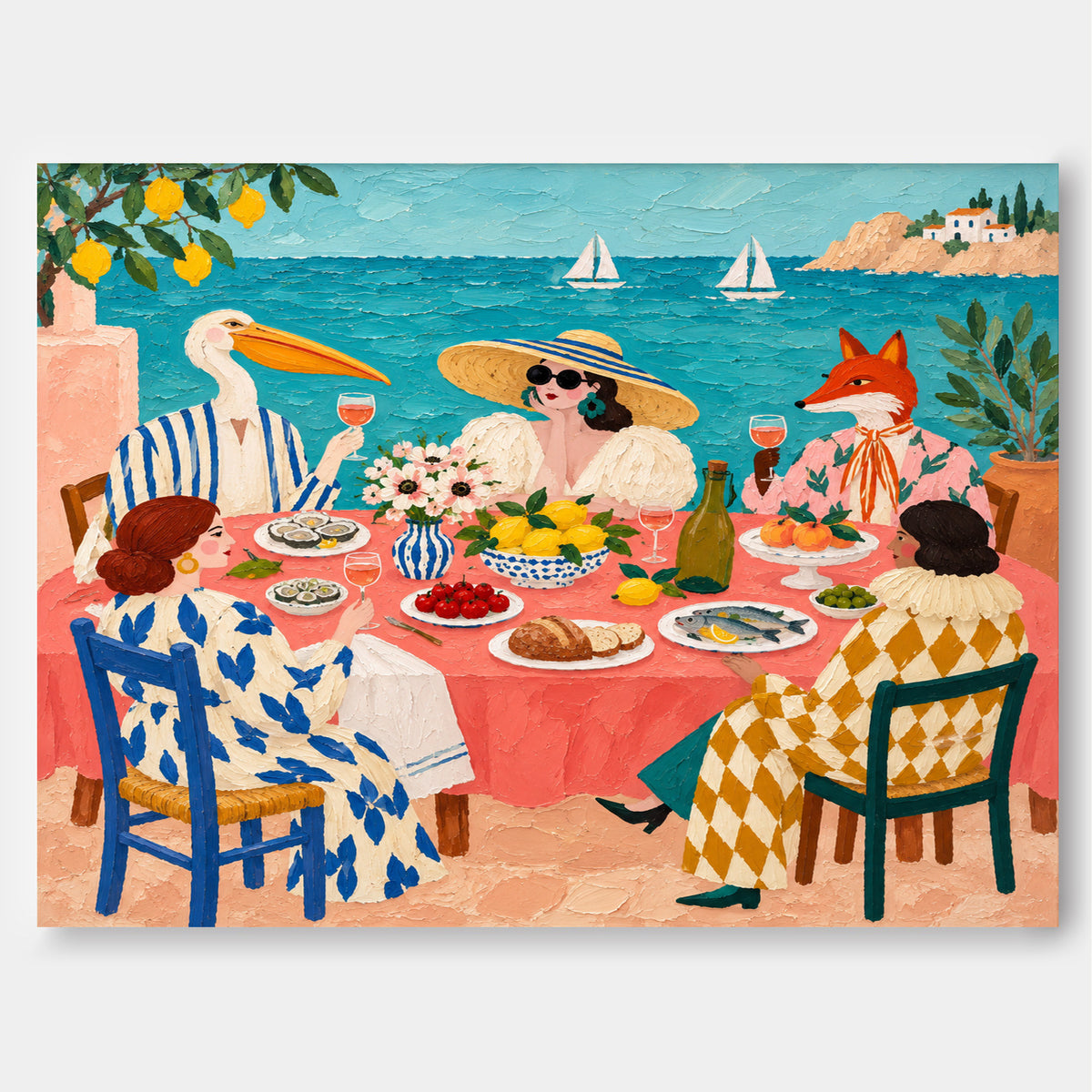 Vintage Surrealism Canvas Painting Bright Impasto Texture Art Mediterranean Dining Room Wall Art Colorful Ocean View Painting