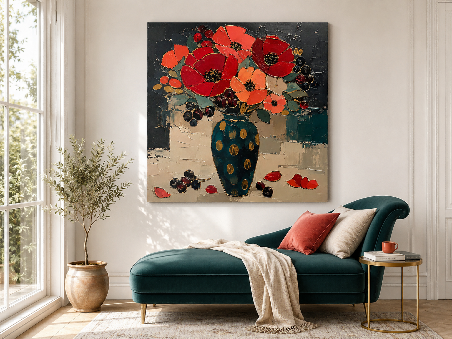 Hand-Painted Red Poppies And Teal Vase Abstract Floral Canvas Art With Gold Accents Abstract Expressionist Red Flower Painting With Impasto Technique And Vintage Charm