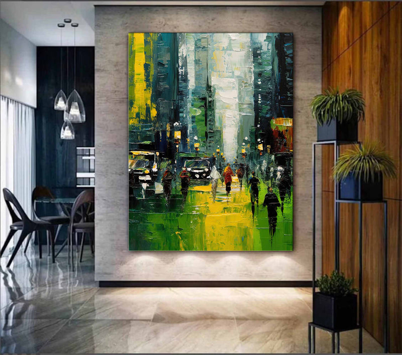 Original City Buildings Texture Urban Oil Painting Cityscape Green City Canvas Wall Art For Home Decor