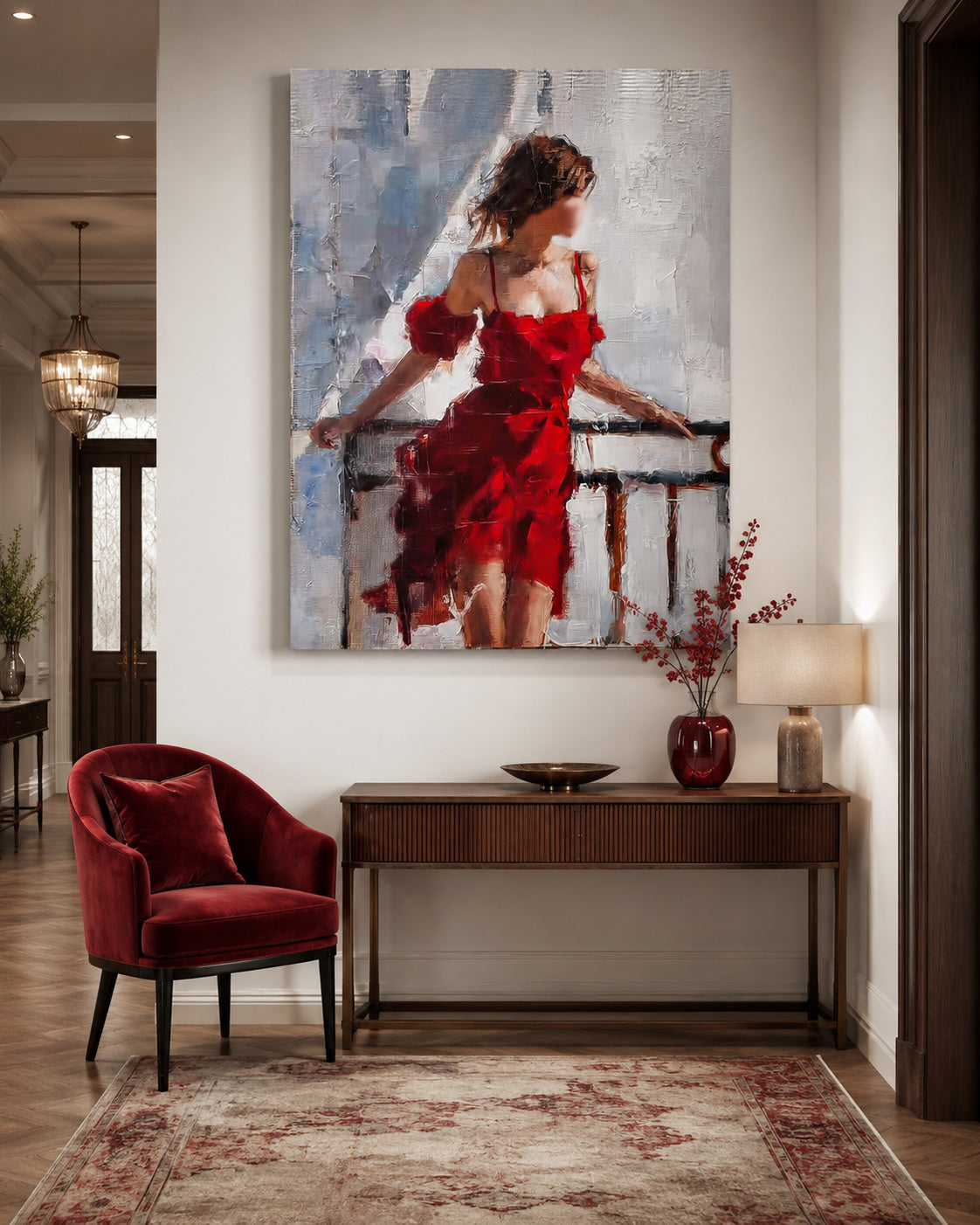 Modern Red Dress Woman Painting Abstract Faceless Figure Art For Living Room Decor