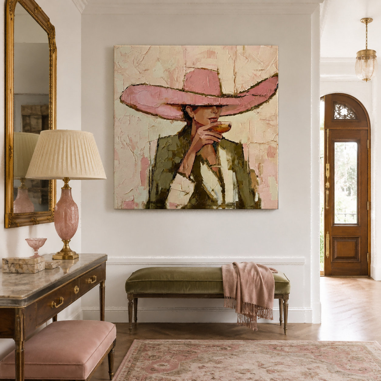 Vintage Fashion Woman Painting Pink Hat Square Canvas Art For Living Room Decor