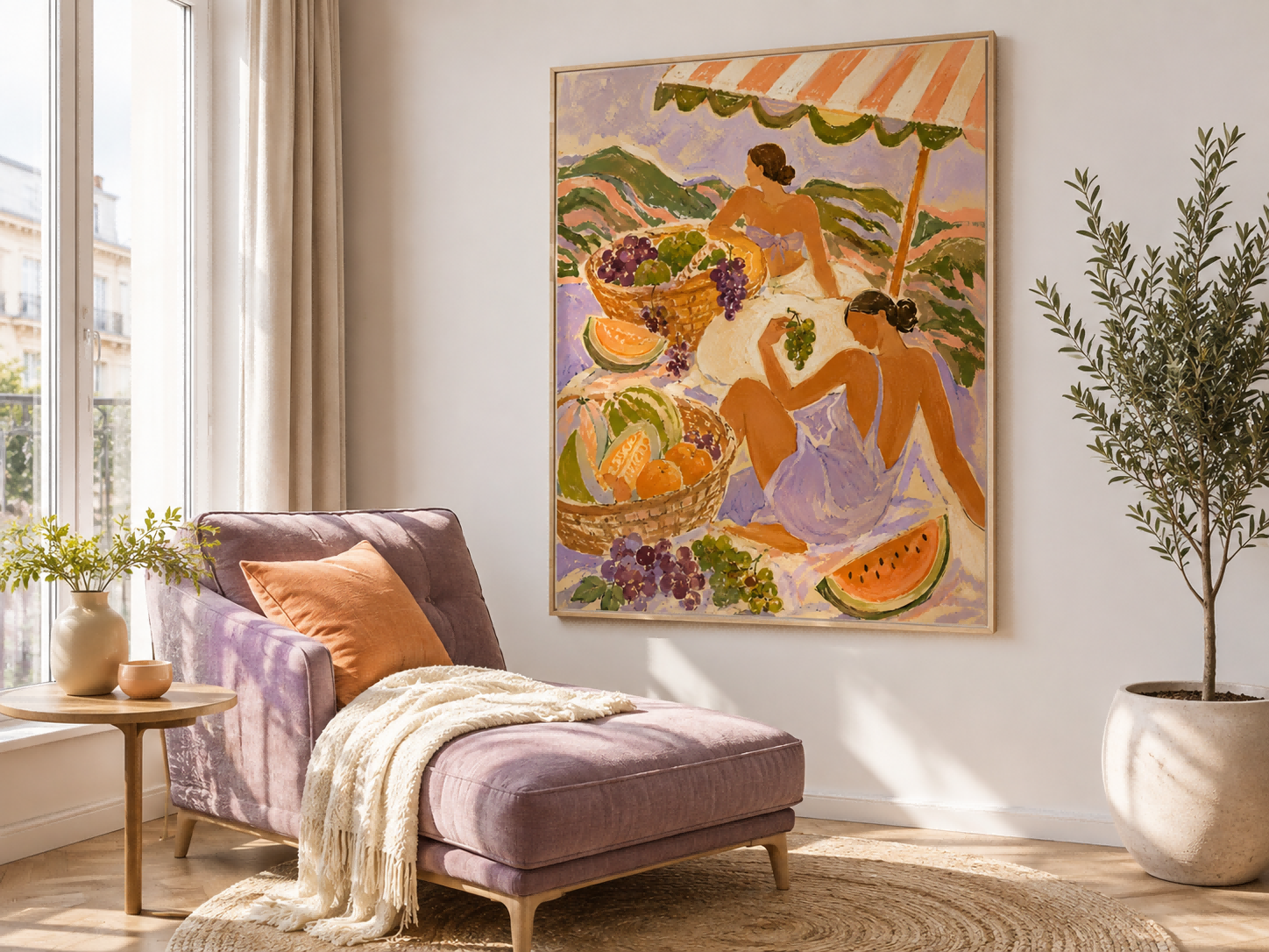 Fantasy Style Lavender And Orange Abstract Figure Oil Painting On Canvas Art Deco Women With Fruit Basket Hand-Painted Canvas Wall Art