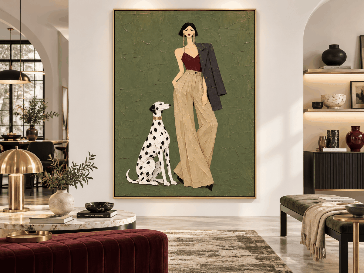 Hand-Painted Fashion Woman And Dalmatian Dog Canvas Art Vintage Modern Textured Painting