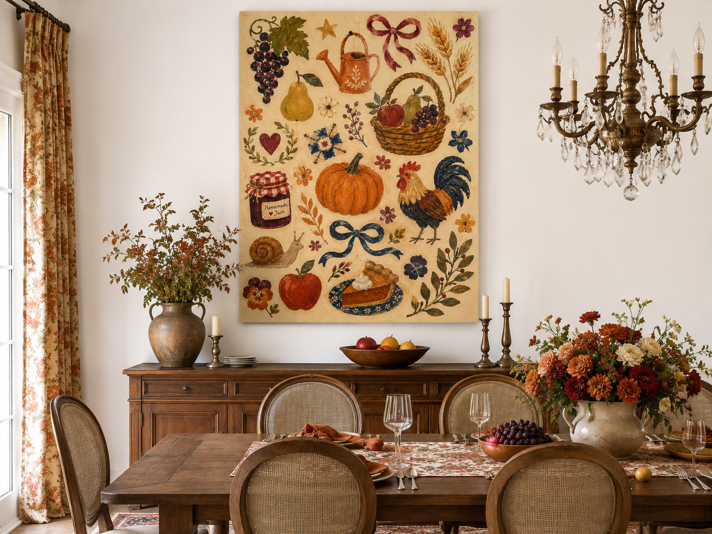 American Country Style Wall Art Vintage Collage Of Fruits And Flowers On Canvas