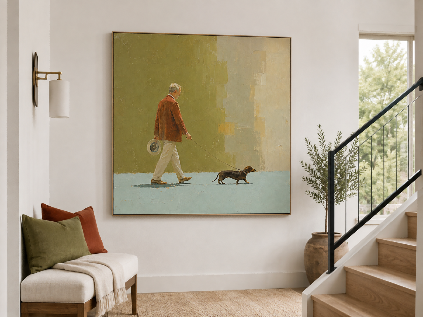 Classic Modern Figurative Art Oil Painting Of Gentleman With Pet