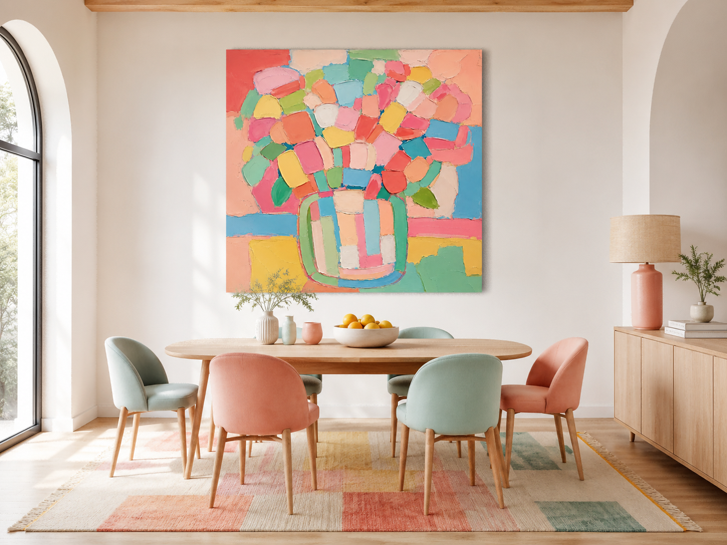 Abstract Floral Still Life Canvas Painting With Macaron Colors And Impasto Texture Contemporary Collage Style Oil Painting With Textured Geometric Flower Patterns