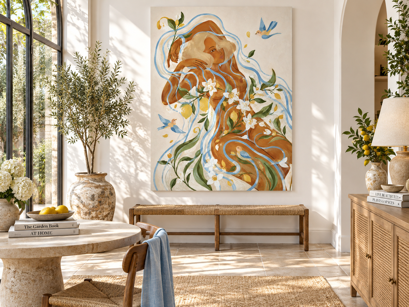 Hand-Painted Woman With Lemon Flowers And Birds Canvas Art