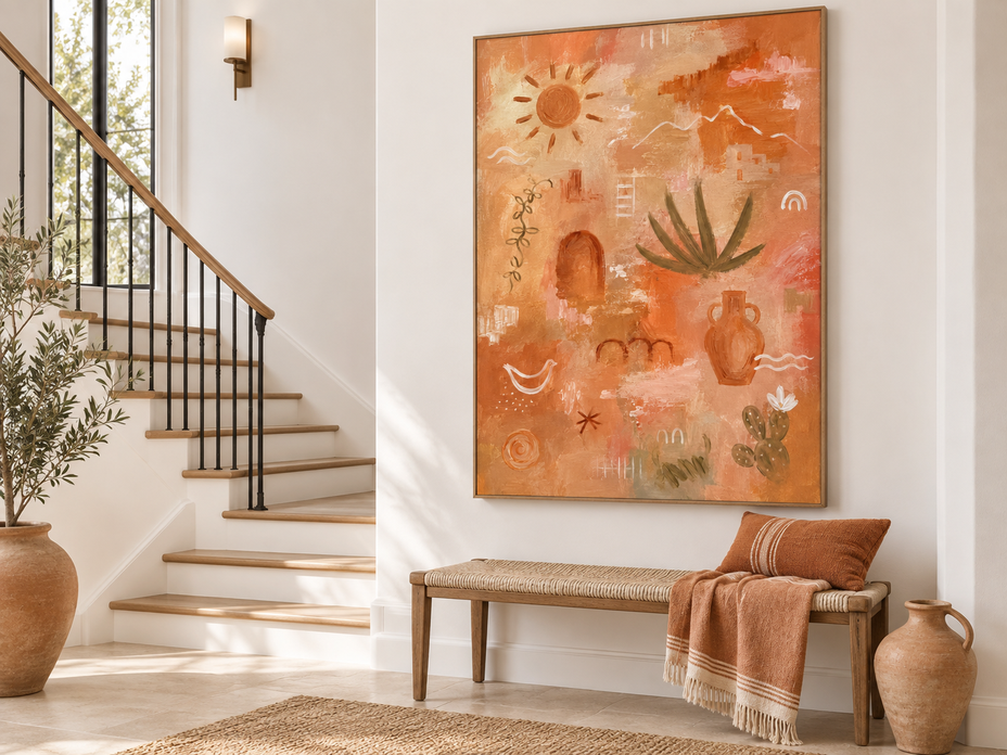Modern Abstract Geometric Canvas Painting In Sandy Beige And Orange With Earthy Southwestern Aesthetic