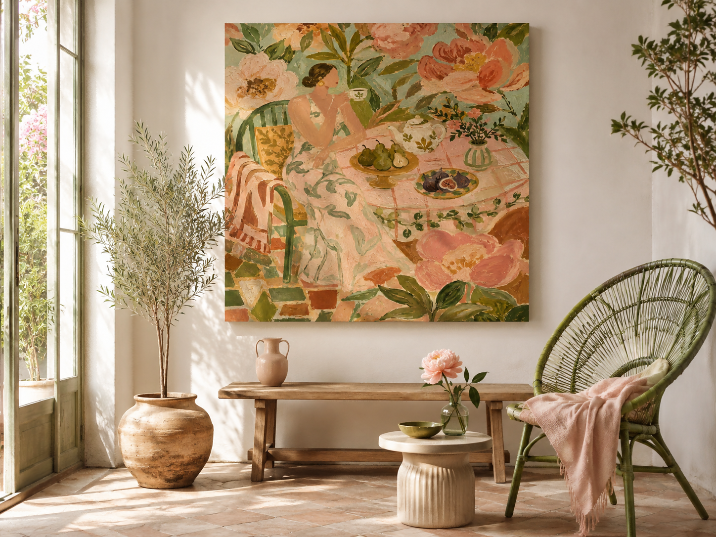 Whimsical Art Deco Style Oil Painting Of Lady In Garden Setting