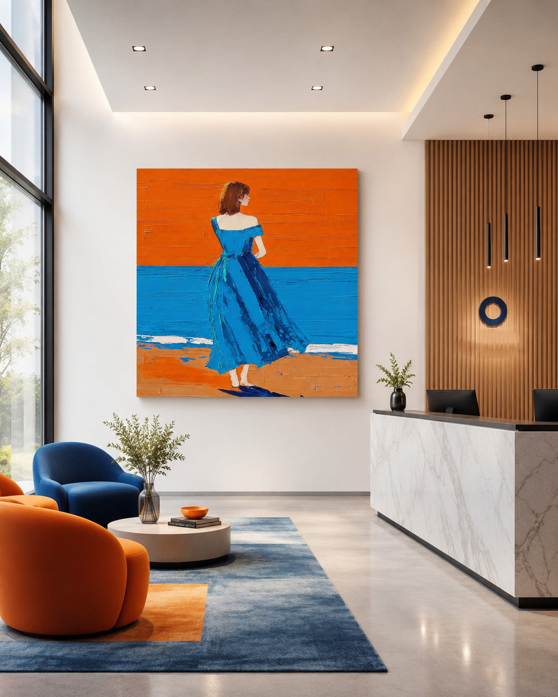 Expressive Figure Painting Solitary Woman At Sunset Beach For Living Room
