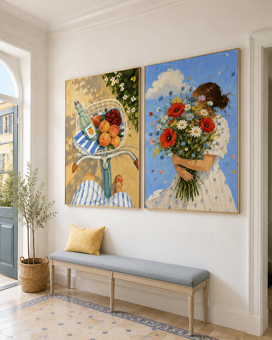 Hand-Painted Summer Flowers And Fruit Bicycle Canvas Art Diptych