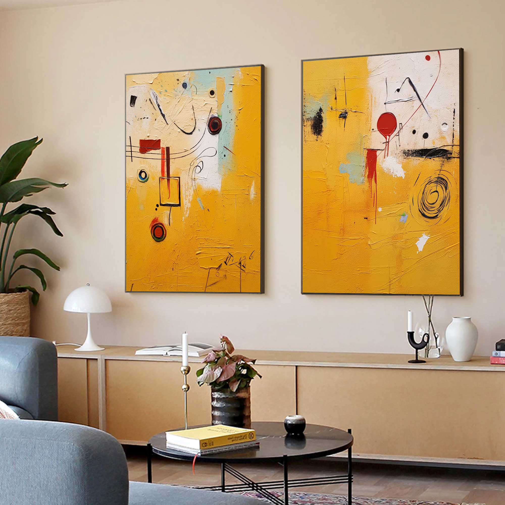 Set of 2 Yellow Large Abstract Graffiti Oil Painting Modern Wall Art Original Texture acrylic Painting Living Room Decor