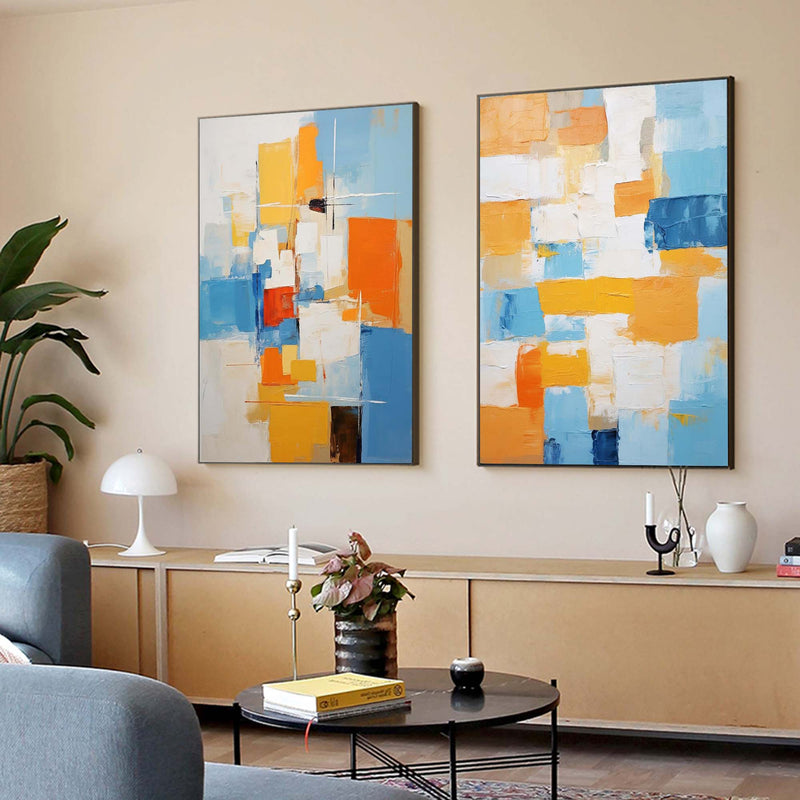 Set of 2 Blue And Yellow Large Abstract Geometry Oil Painting Modern Wall Art Original Texture Oil Painting Living Room Decor