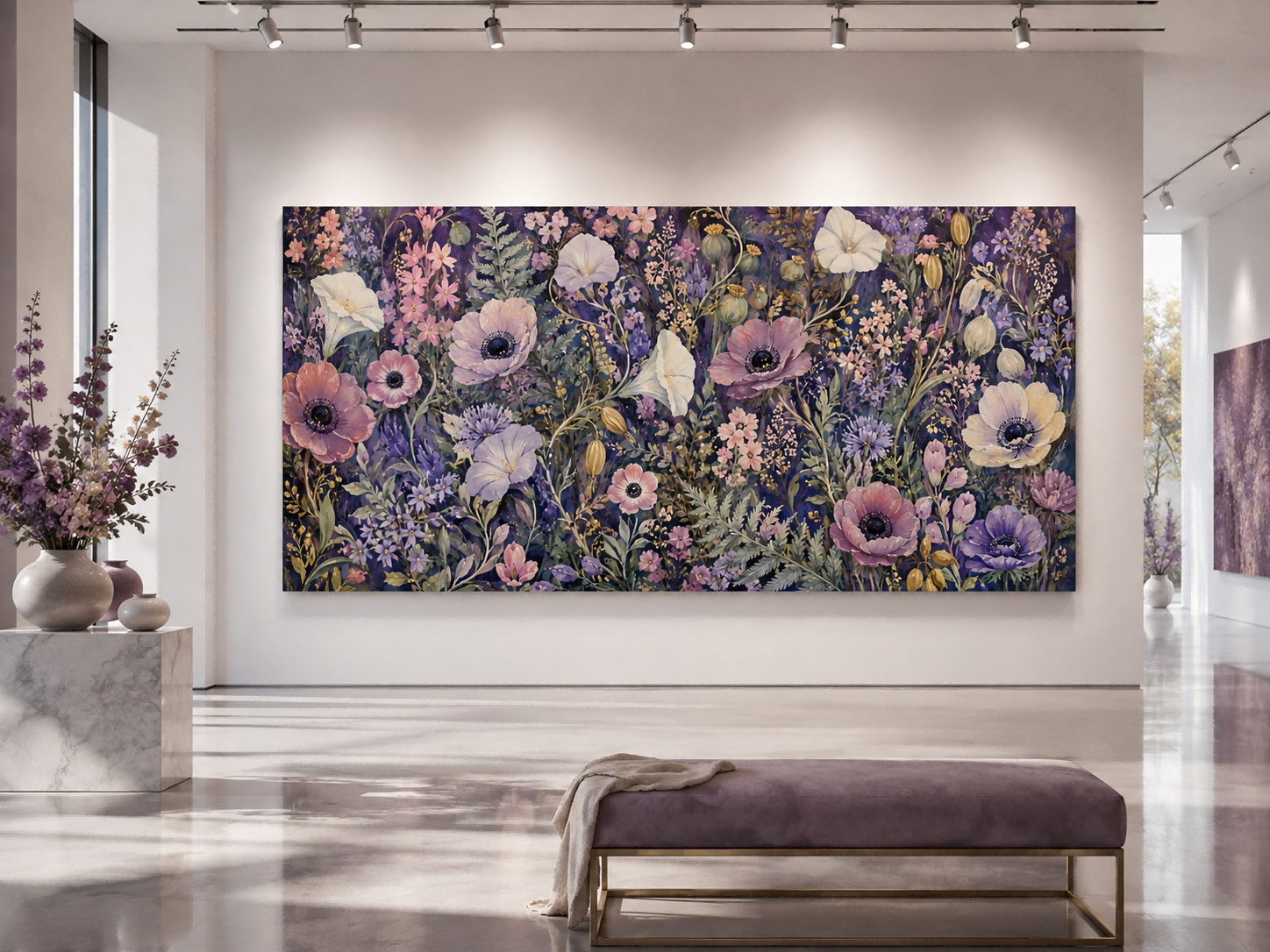 Romantic Vintage Floral Oil Painting With Deep Purple Background And Textured Wildflowers For Elegant Home Decor