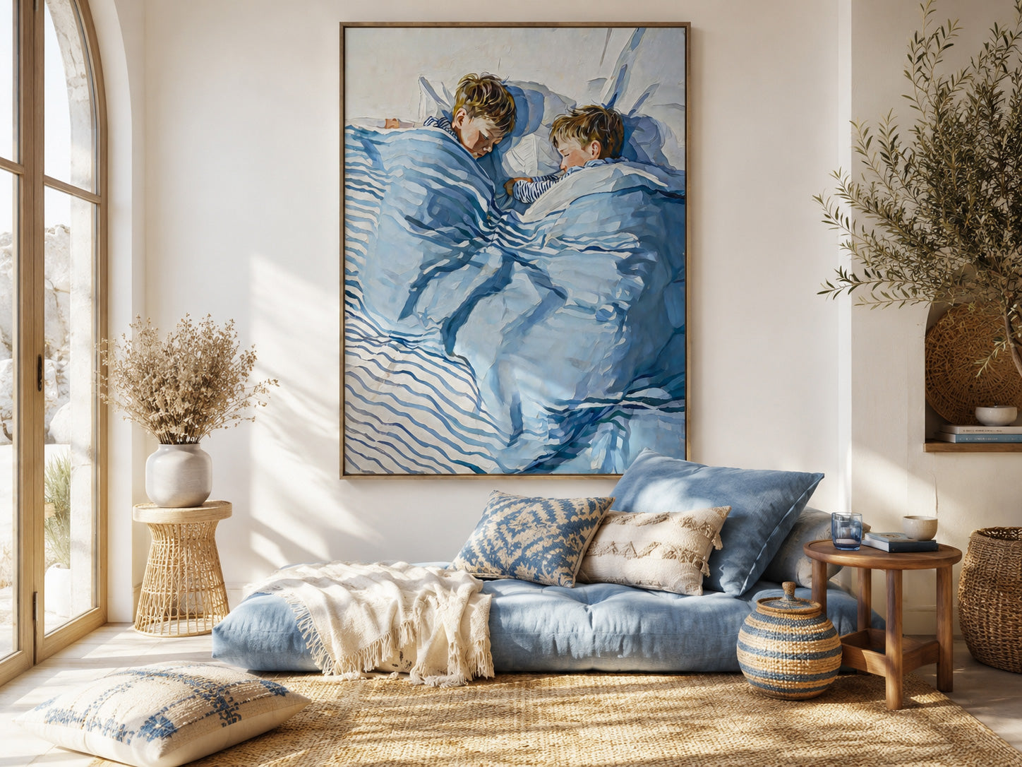 Original Sleeping Children Artwork Soft Blue Linen Texture For Kids Nursery