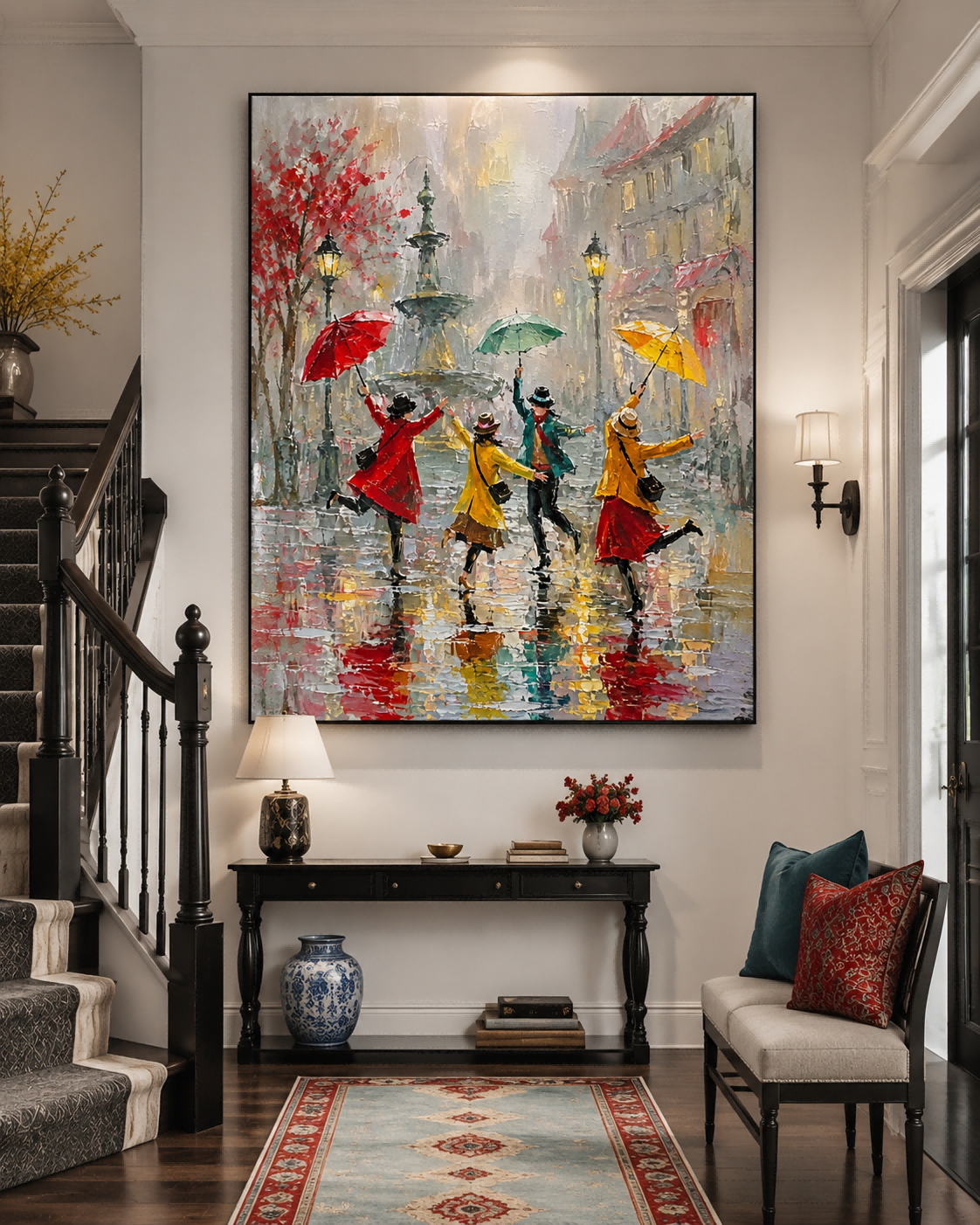 Colorful Umbrella Street Scene Canvas Art With Fountain And Lamp Post Details