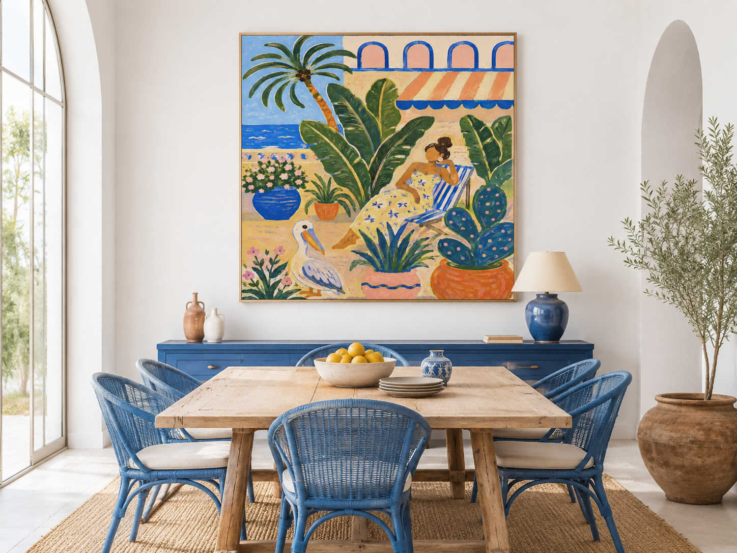 Art Deco Inspired Fantasy Beach Scene Original Canvas Painting With Bold Colors