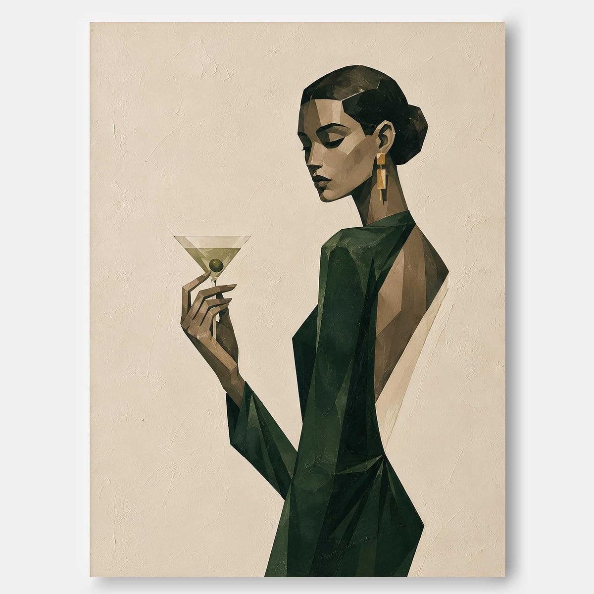 Vintage Woman With Martini Geometric Canvas Painting In Green And Beige