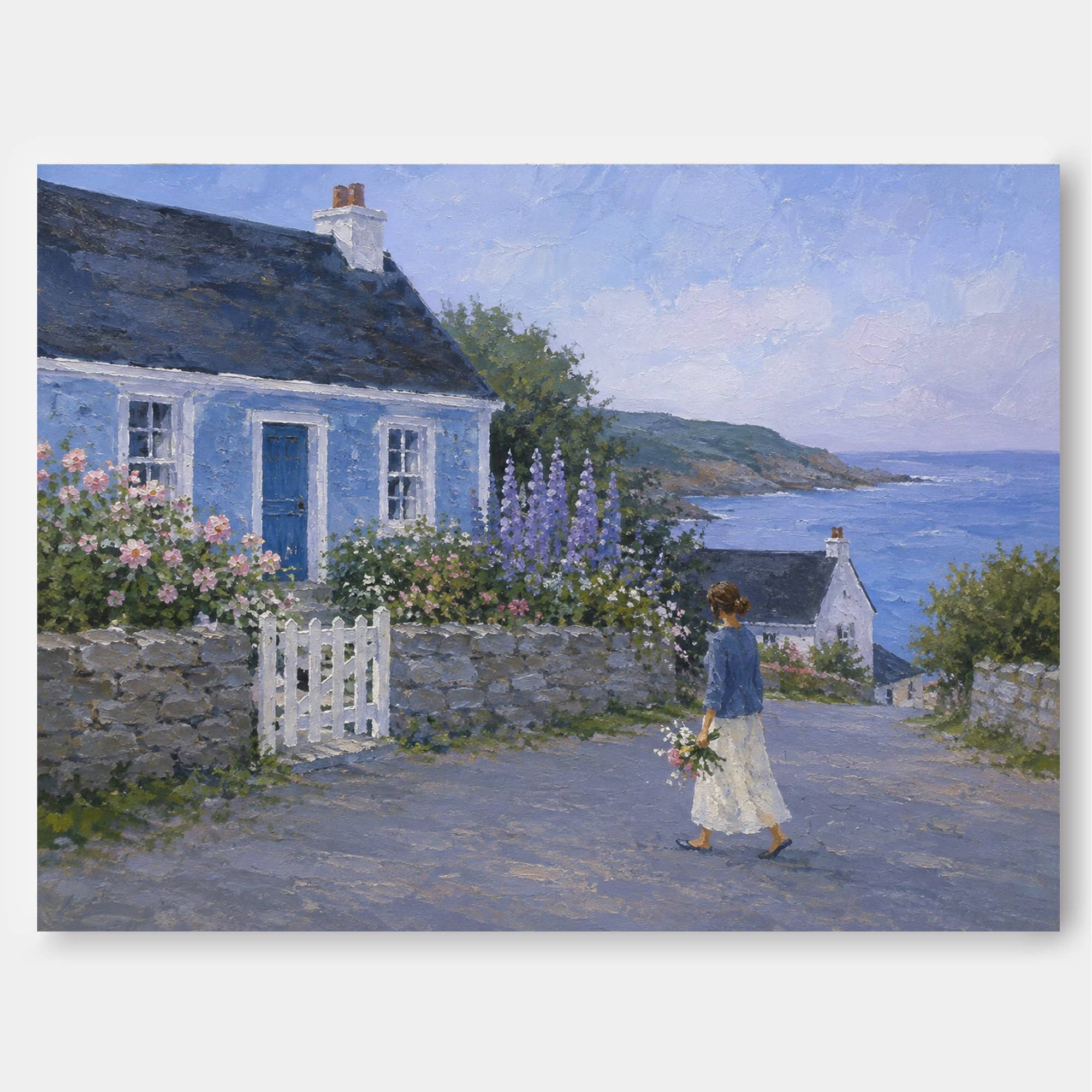 Seaside Landscape Wall Art For Living Room Blue House Painting