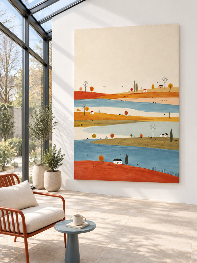 Naive Art Style Oil Painting Creamy Beige And Rustic Autumn Landscape Canvas