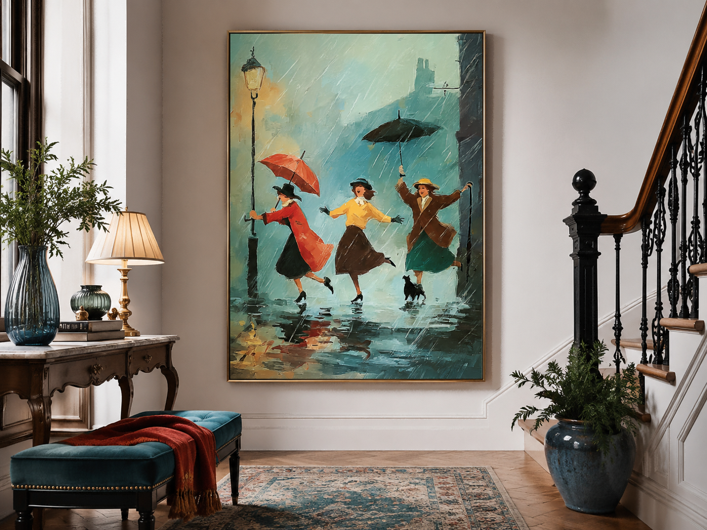Impressionist Rainy Street Scene Painting With Three Women Under Umbrellas Vintage Wall Art