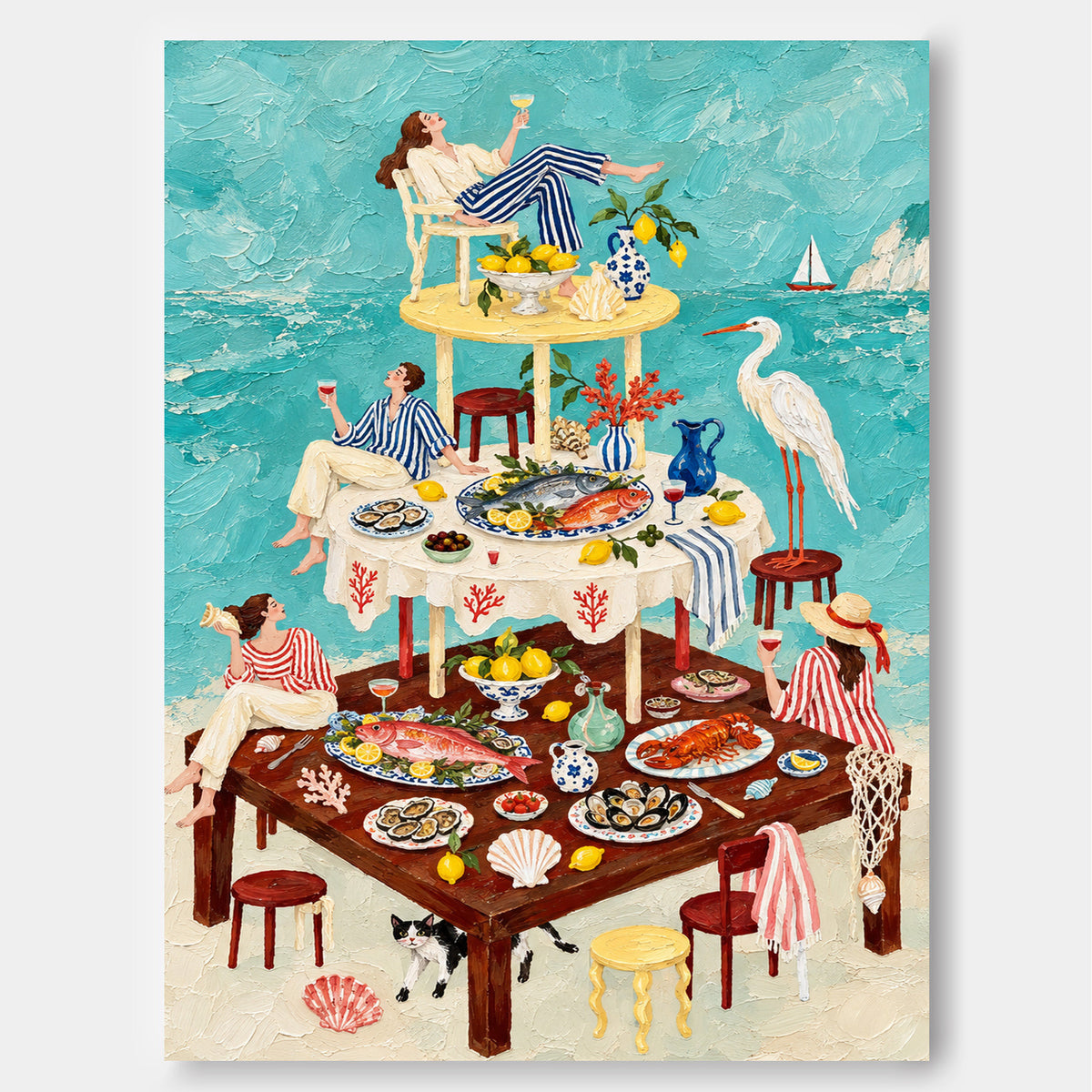Mediterranean Dining Room Wall Art Vintage Style Seafood Painting Textured Surrealist Modern Art