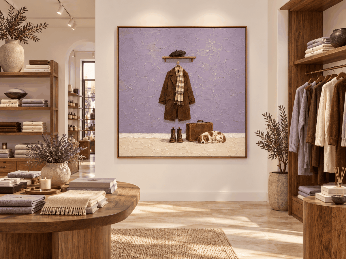 Vintage Dog And Coat Canvas Painting With Brown And Purple Tones
